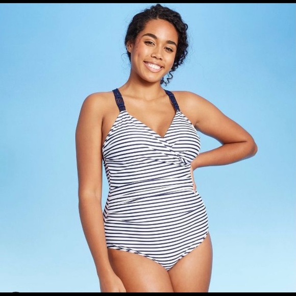 Navy and white striped one piece with ruching - Picture 7 of 9